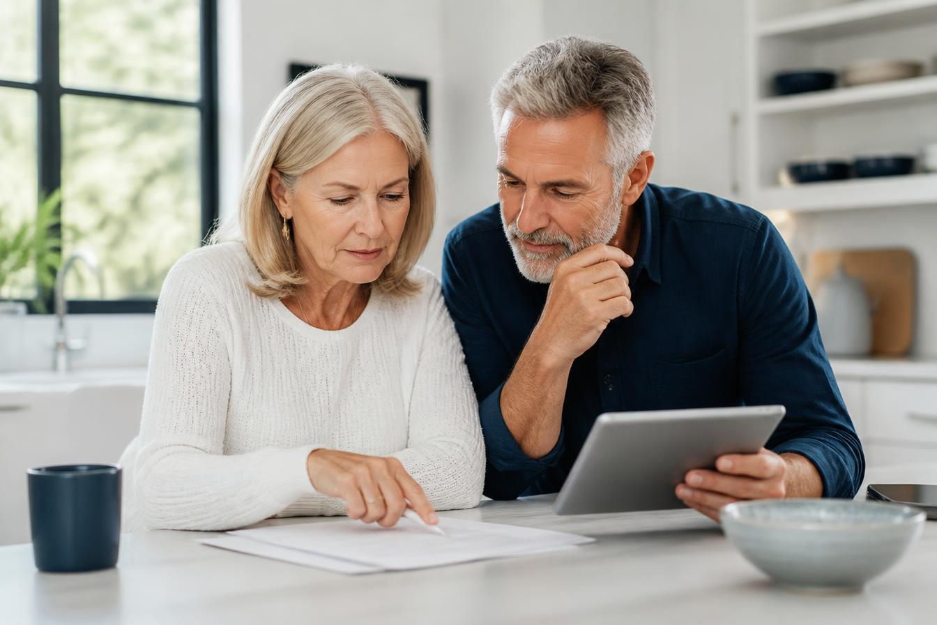 A couple reviewing retirement paperwork with a thoughtful, questioning expression