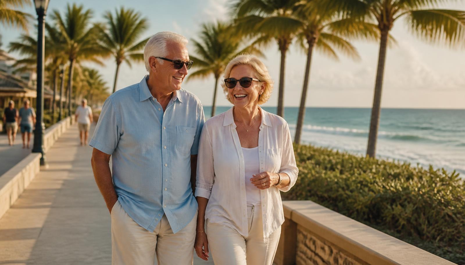Retired couple walking a palm-lined Florida beachfront promenade at golden hour