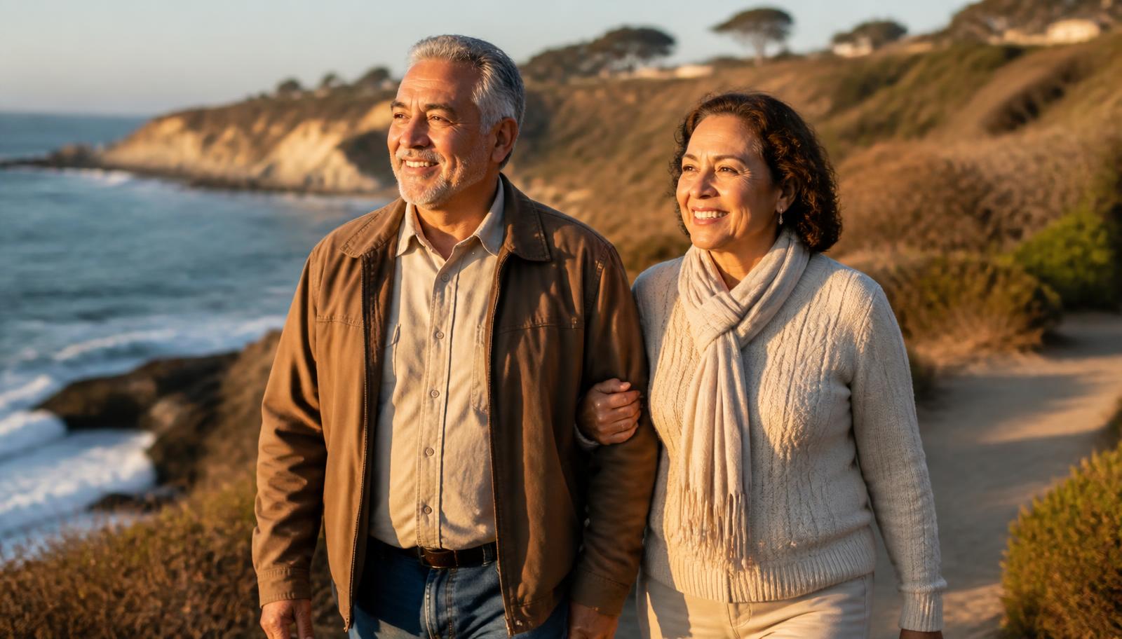 Retirement-age couple walking together along a sunlit coastal path