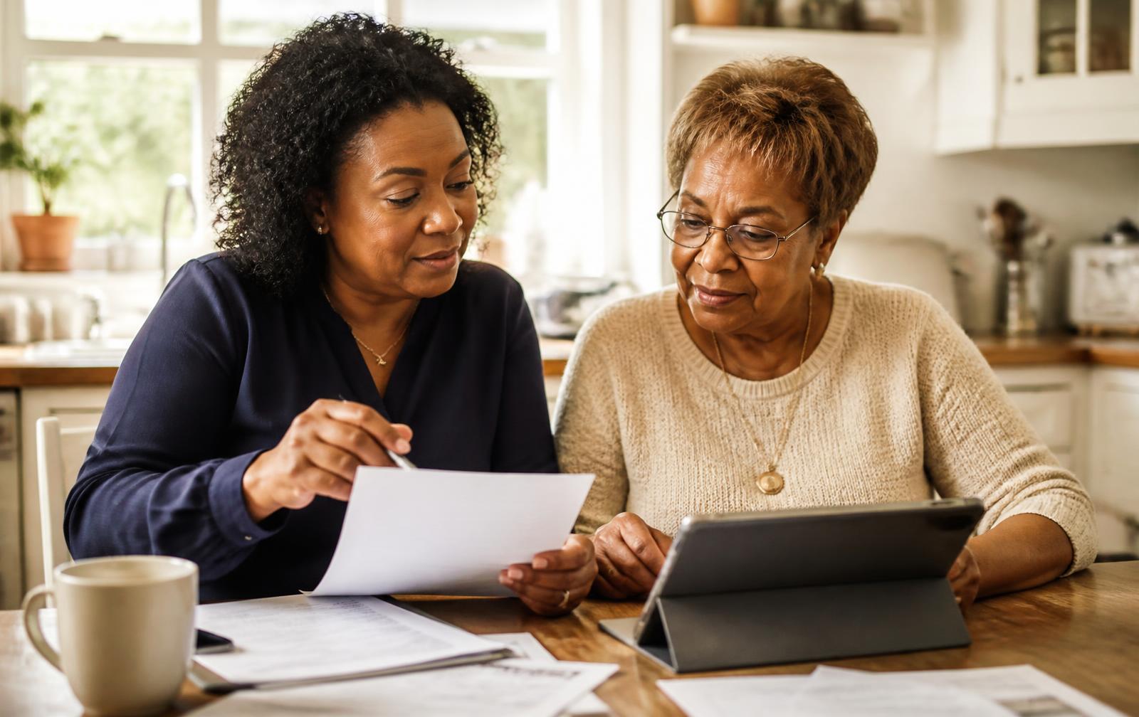 Adult daughter and her retirement-age mother reviewing financial paperwork together at a sunlit kitchen table