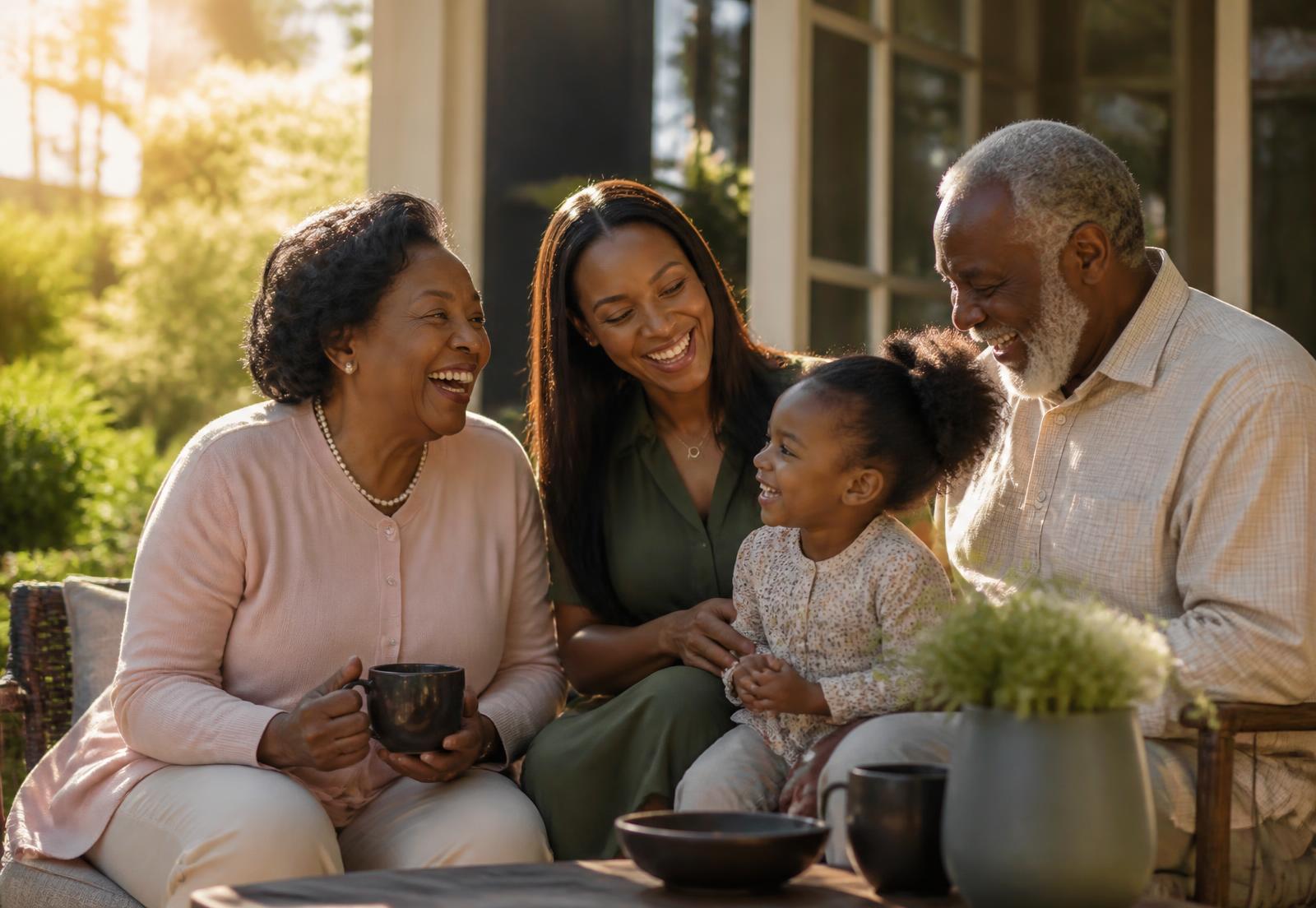 Grandparents laughing on a sunlit porch with their adult daughter and young granddaughter
