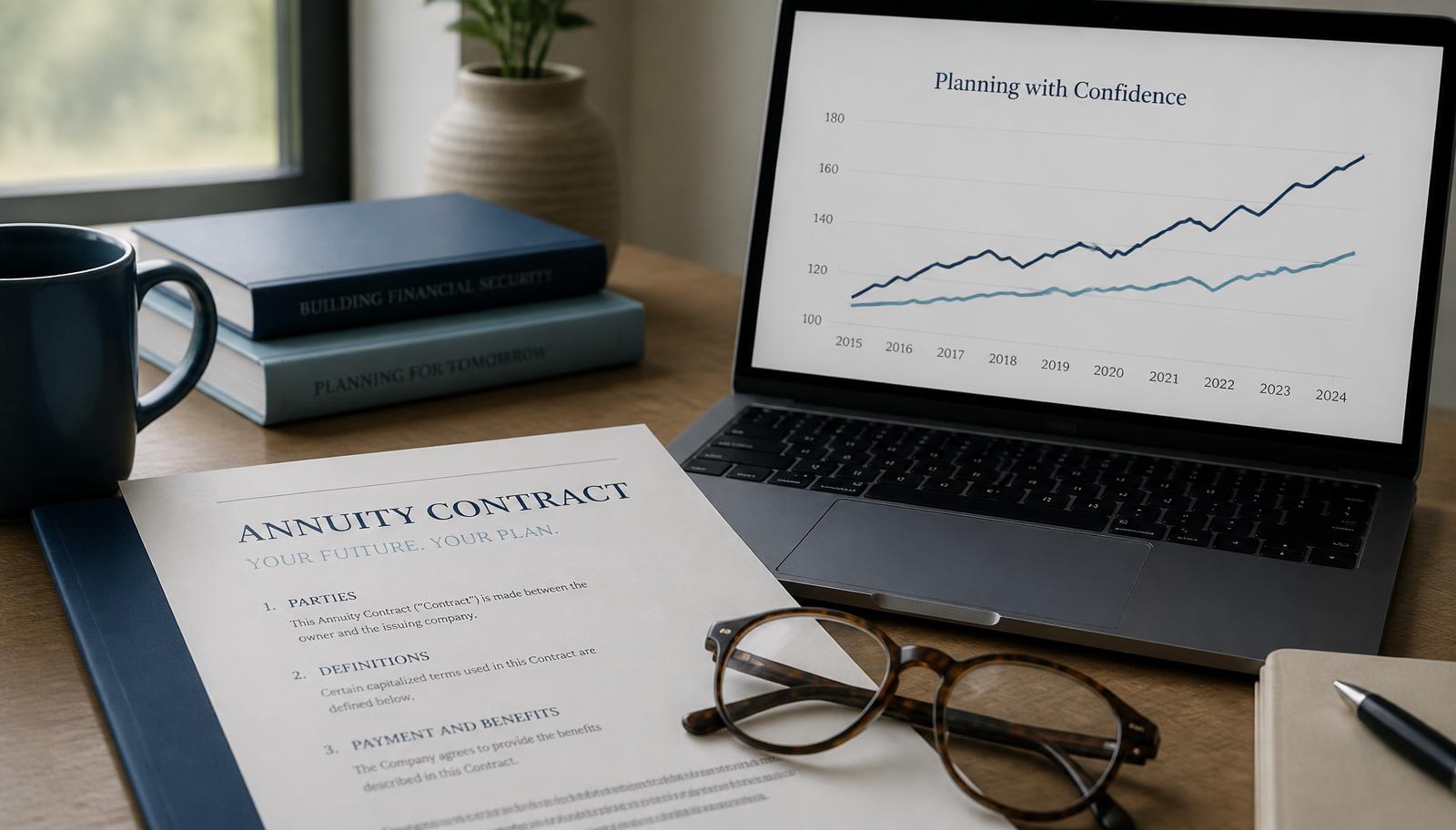 Annuity contract, reading glasses and a laptop showing a restrained index chart on a sunlit desk