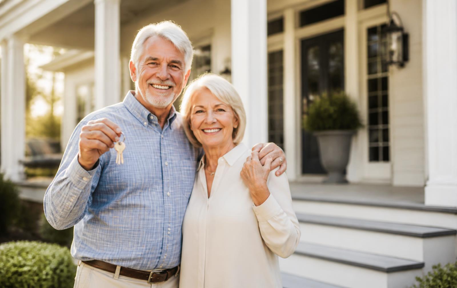 Optimistic retired couple holding keys on the porch steps of their new home