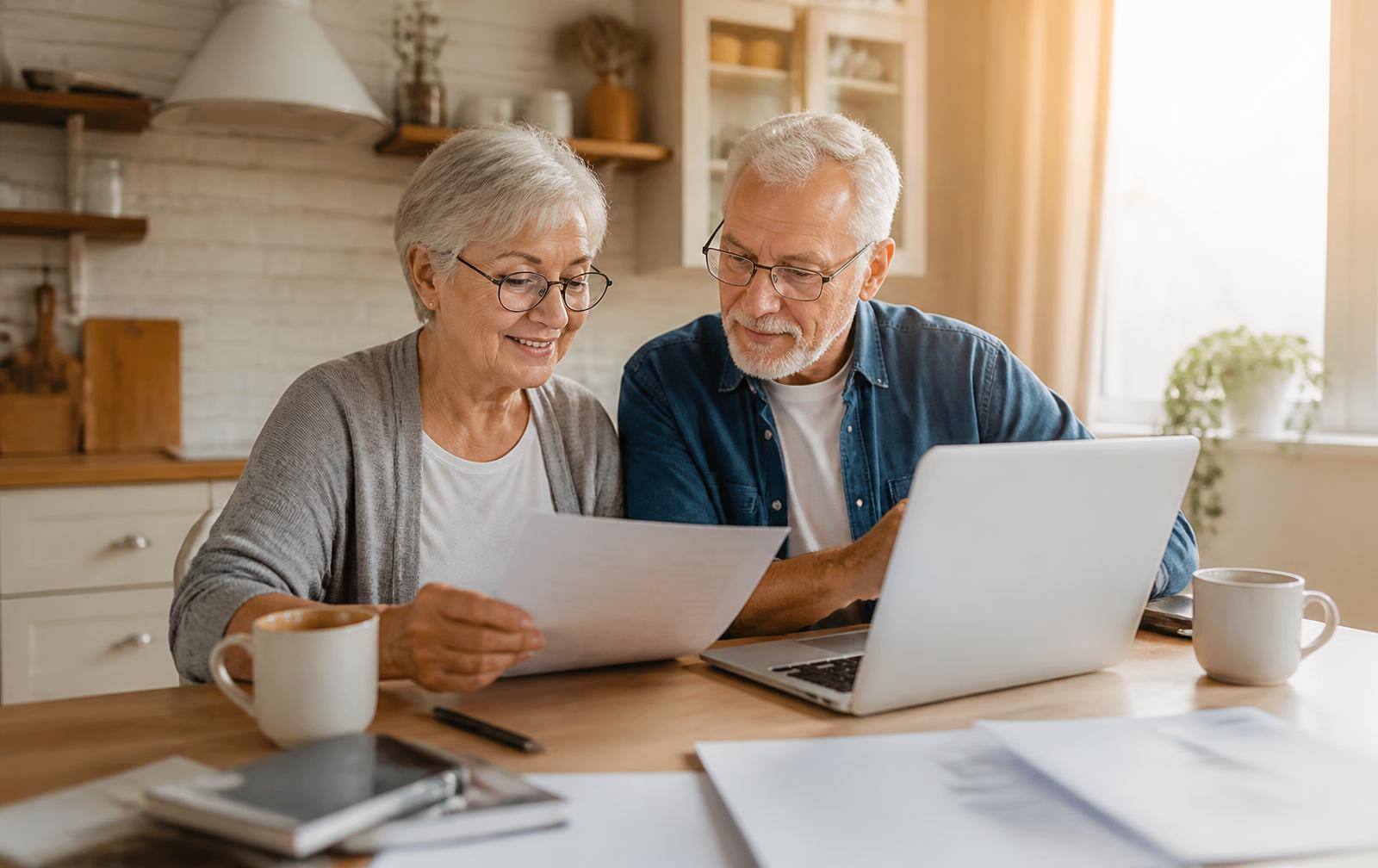 Retired couple reviewing paperwork and a laptop at a sunlit kitchen table in a new home