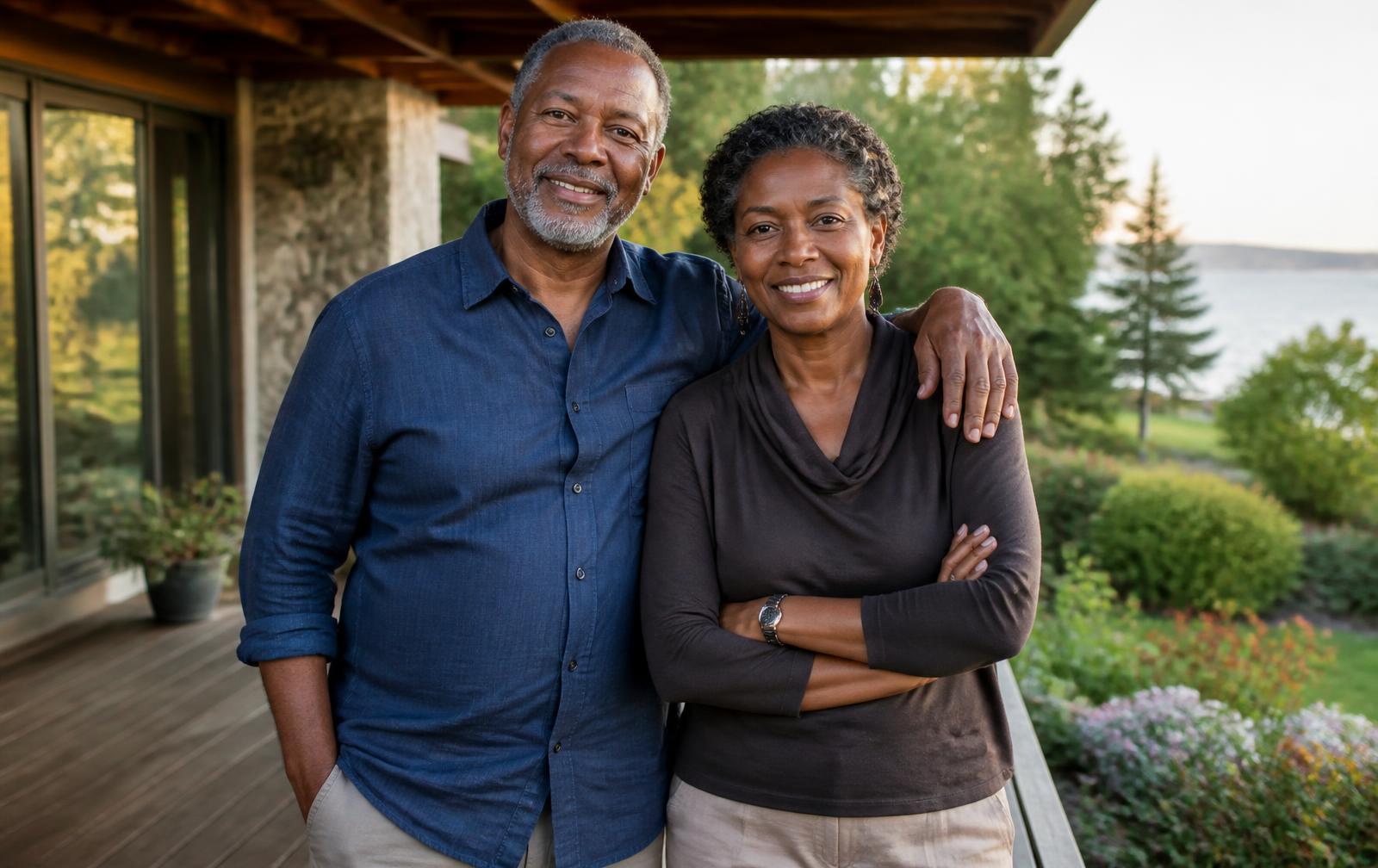 Confident retired couple standing together on the patio of their home