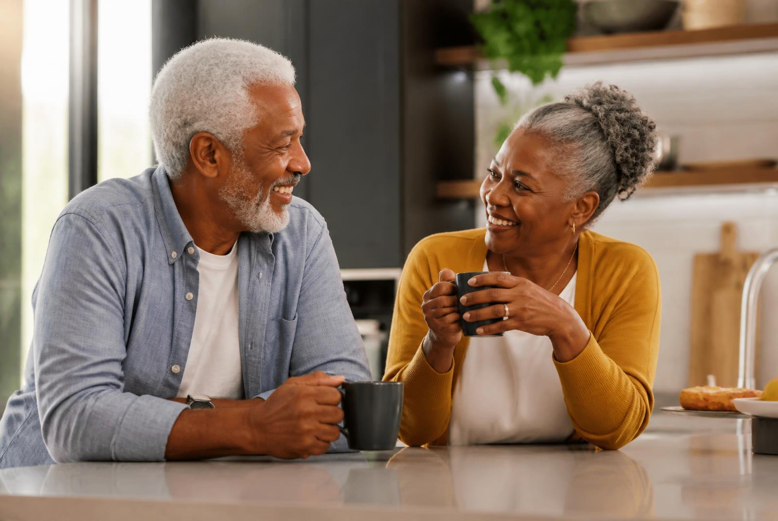 Retired couple talking together over morning coffee in a bright kitchen