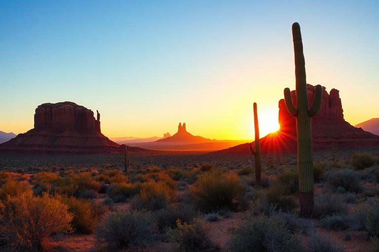 Arizona desert buttes and saguaro cactus at sunset
